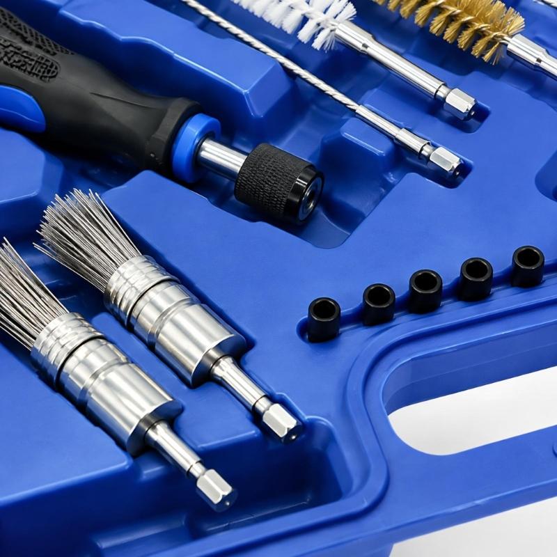 Cylinder Head Recess Cleaning Brush Kit with Slender Access Shafts, Interchangeable Handle, 19 Pieces, and Fitted Storage Compartments