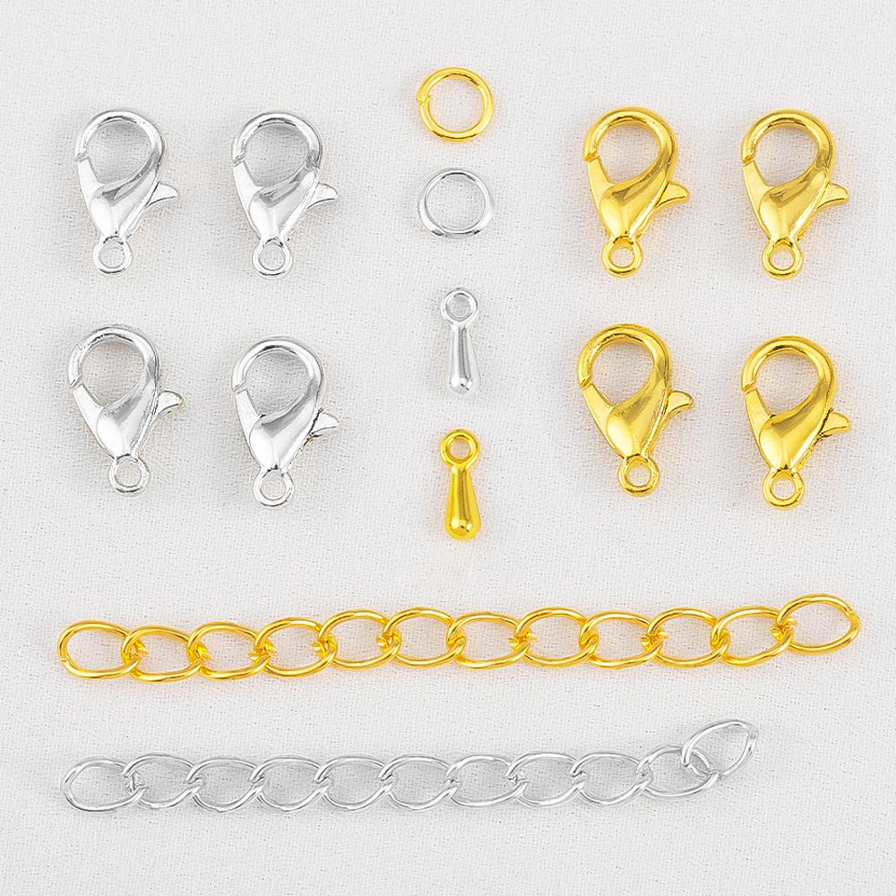 200pcs/Box Lobster Clasp Jump Rings Extension Chain Water Drop End Pendants Connector Chain Charm Kit for DIY Jewelry Findings