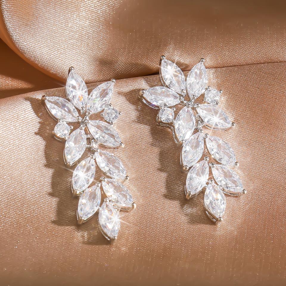 ZAKOL Luxury Leaf Marquise Zircon Bridal Earrings for Women White Shiny Crystal Elegant Wedding Party Zircon