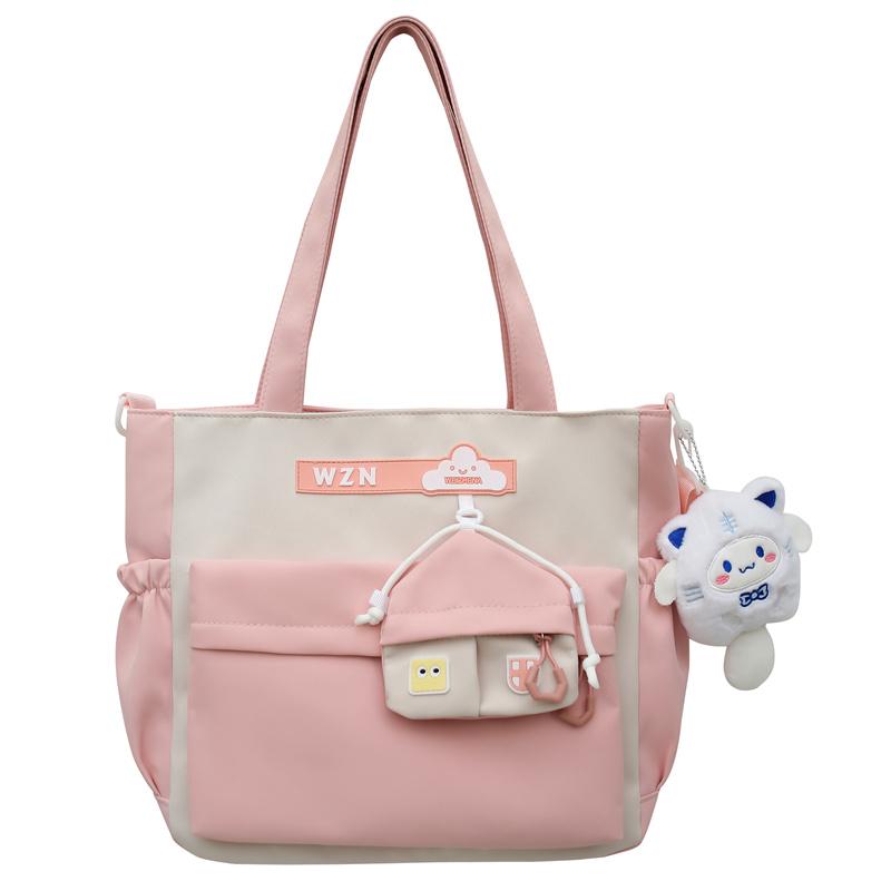 Student Handbag Women Color Block Crossbody Bag Large Capacity Classes Book Shoulder Bag with Coin Purse