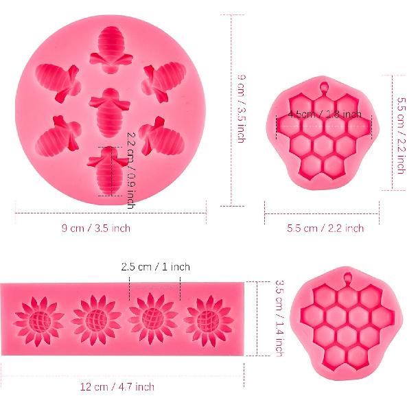 Ocmoiy 4 Pieces Bumble Bee Silicone Mold Honeycomb Sunflower and Bee Fondant Molds for Cupcake Cake Decorating Sugar Chocolate Candy Baking Mold