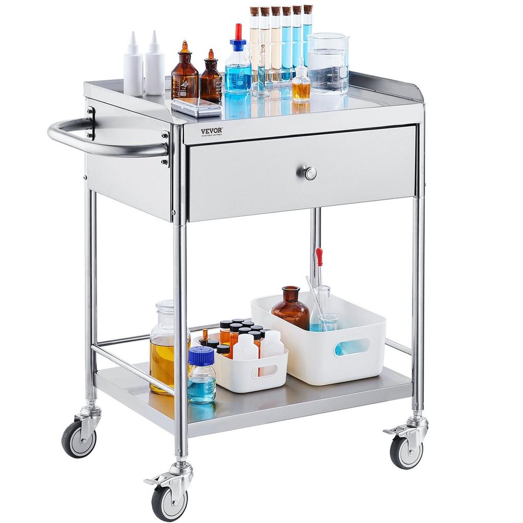 Medical Cart, 2 Layers Stainless Steel Cart 220 lbs Weight Capacity, Lab Utility Cart with 360° Silent Wheels and a Drawer for Lab, Clinic, Kitchen,