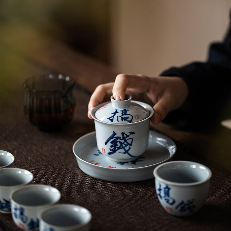 New Handwritten Grass Ash Tea Cup Lid Bowl Kung Fu Tea Set Retro Chinese Ceramic Tea Cup Teapot Tea Bowl Set