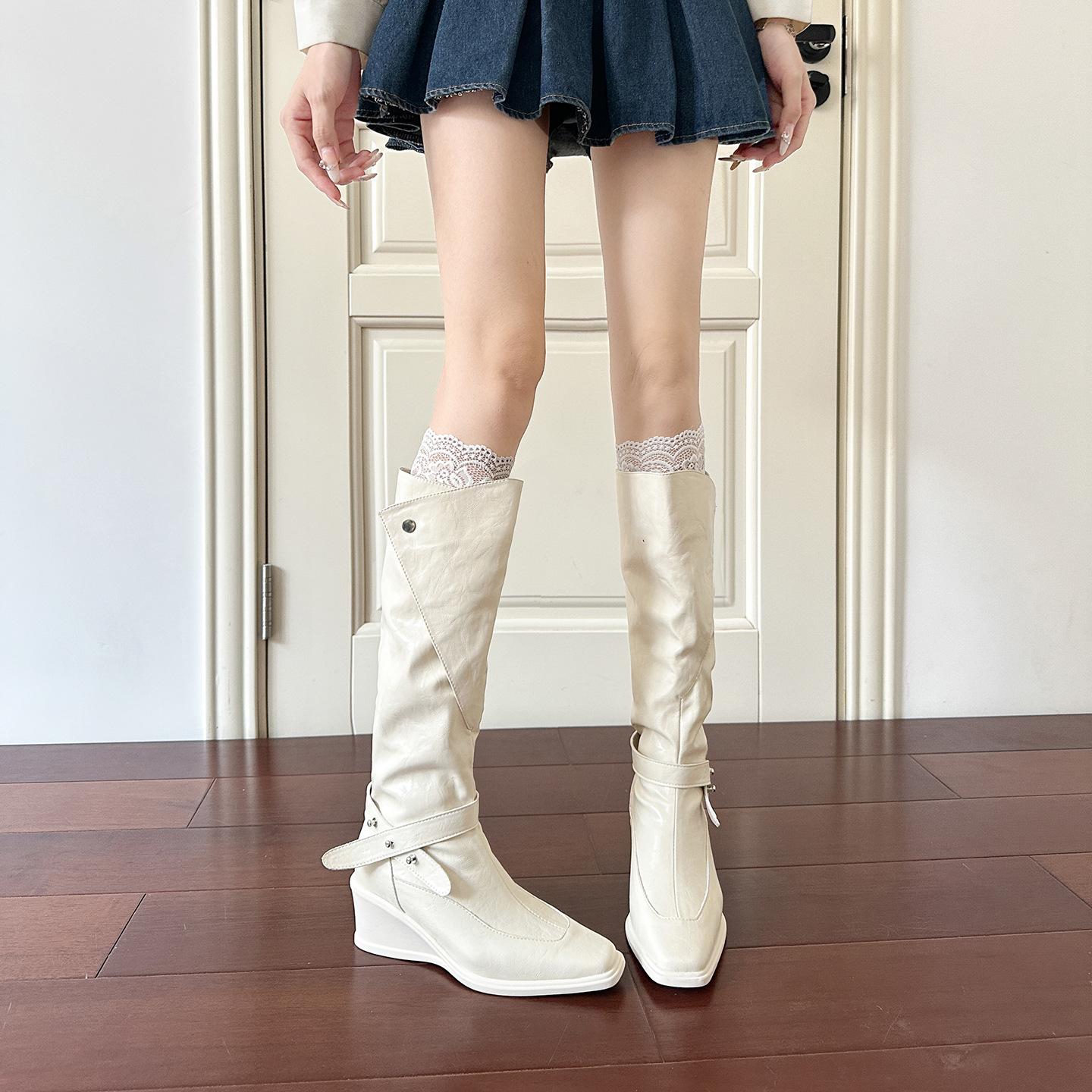 Square Heel High Boots Women s Autumn and Winter Design Sense Slope Heel Western Cowboy Boots Versatile Knight Boots Women s Pile 35 9398₽