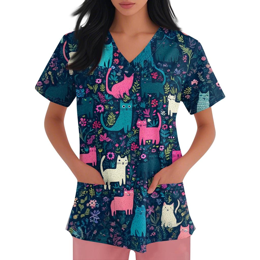Women's V-neck Printed Short-sleeved Work Clothes With Side-slit Pockets And Uniforms