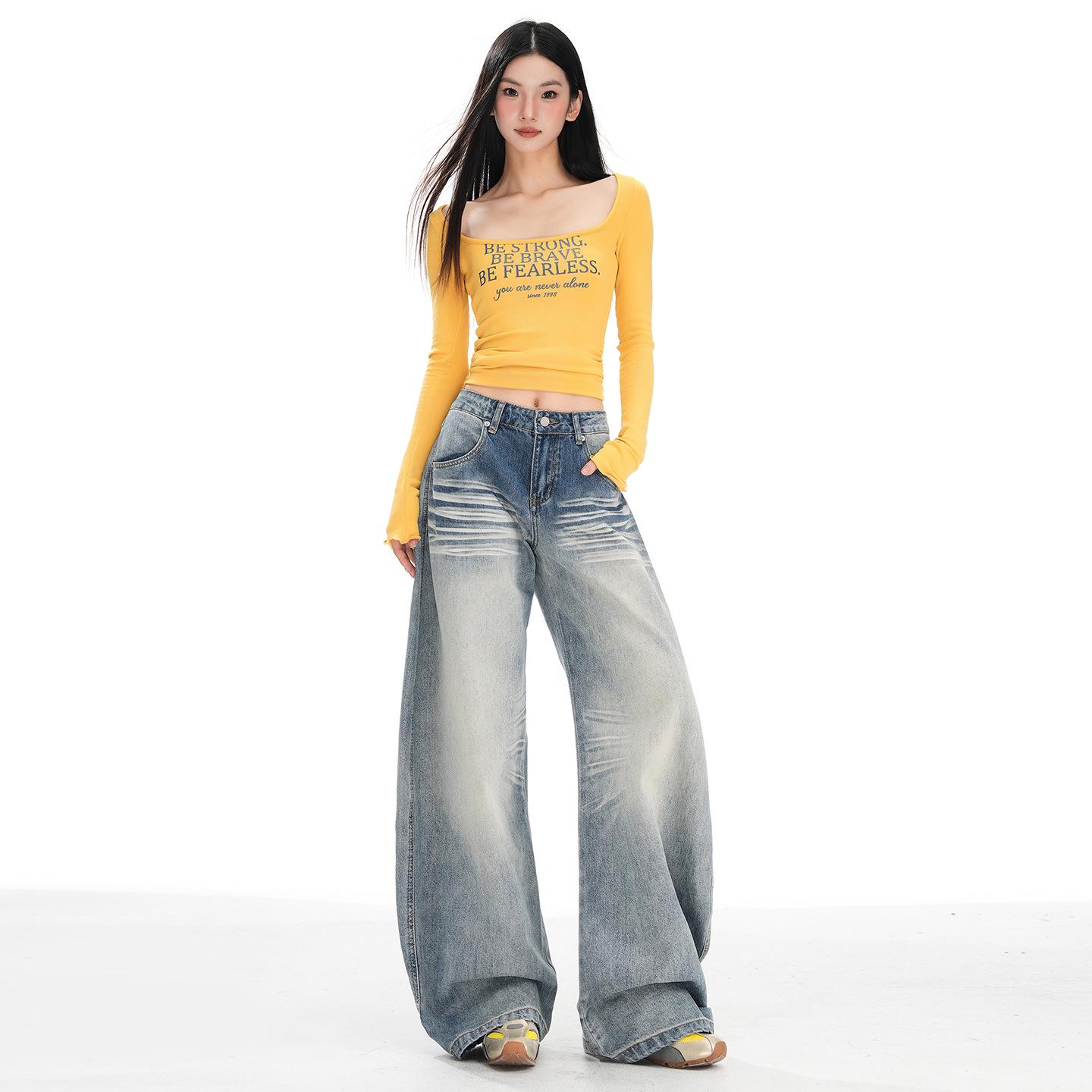 

Women s Autumn Wide-Leg Low-Rise Jeans with Cat Whisker Design - Loose, Slimming, Floor-Length Pants XL