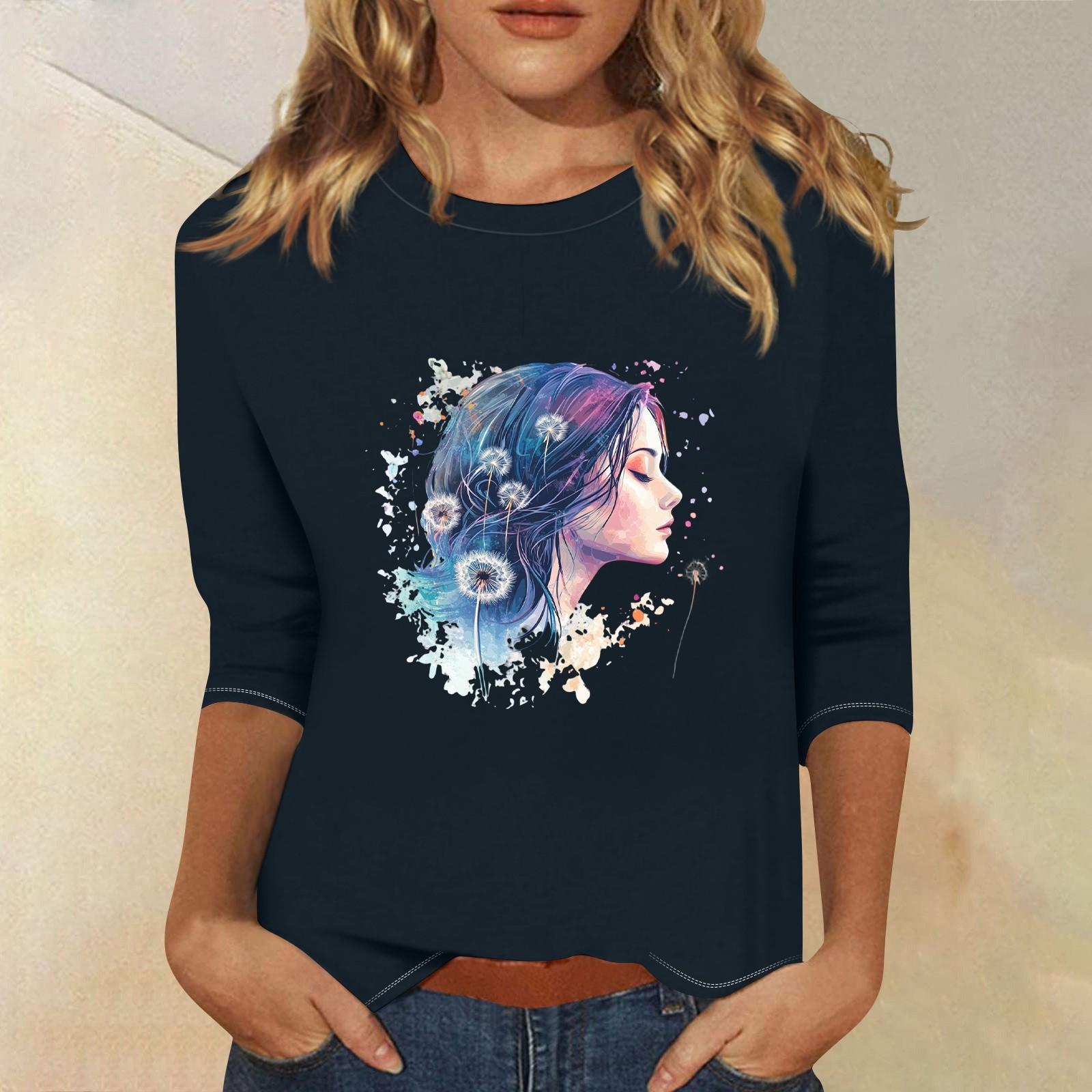 

3/4 рукава топы для женщин футболка повседневные принты топы футболка круглый вырез пуловер блузка L тёмно-синий