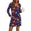 Women's Fashionable V-neck Long Sleeved Drawstring With Pocket Halloween Printed Casual Dress