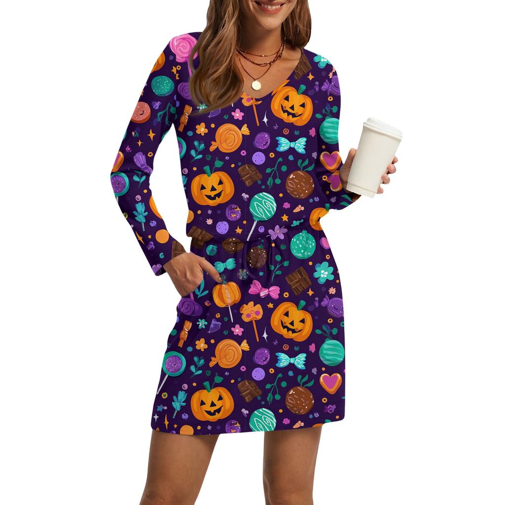 Women's Fashionable V-neck Long Sleeved Drawstring With Pocket Halloween Printed Casual Dress
