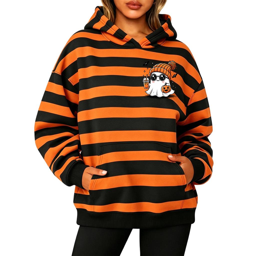 Women's Long Sleeve Striped Print Pullover Hoodie Sweatshirt with Pockets for Halloween