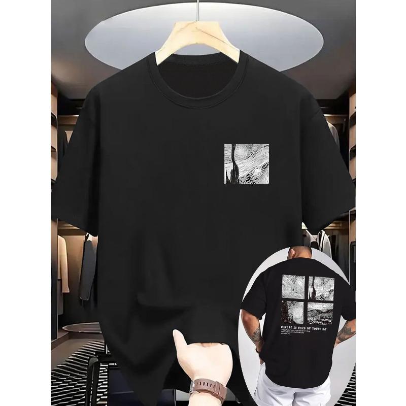 European Size Men's Summer Short Sleeve T-Shirt with Artistic Back Print - Breathable Round Neck Casual Tee, Regular Fit for Casual Attire