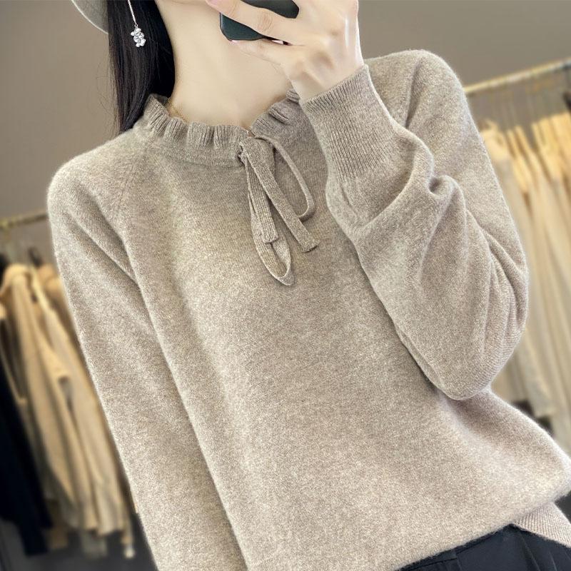 

Новый осенне-зимний кардиган на шнурке с кружевным воротником для женщин, модный универсальный кашемировый вязаный базовый свитер-пуловер, приятный к коже XXL