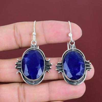 Facettierter Blauer Saphir Ohrring Echte Edelstein Ohrringe Zarter Schmuck 925 Sterlingsilber Ohrring Handgefertigter Schmuck Hängeohrring Hochzeitsgeschenk