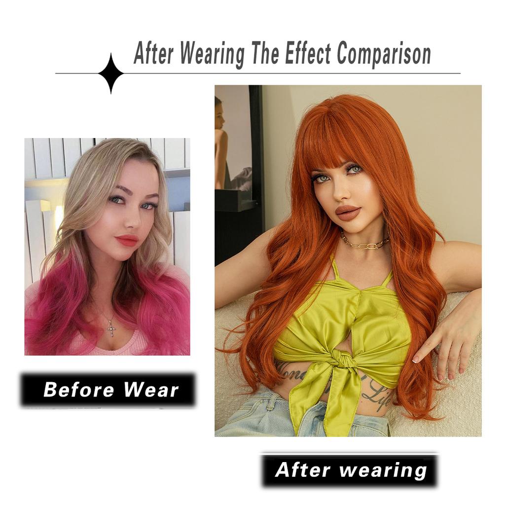 New Ladies Wig Simulation Wig 70cm Hair Orange Wig Long Curly Wig Full Headgear Rose Hair Net Headdress Beauty Decoration Wig