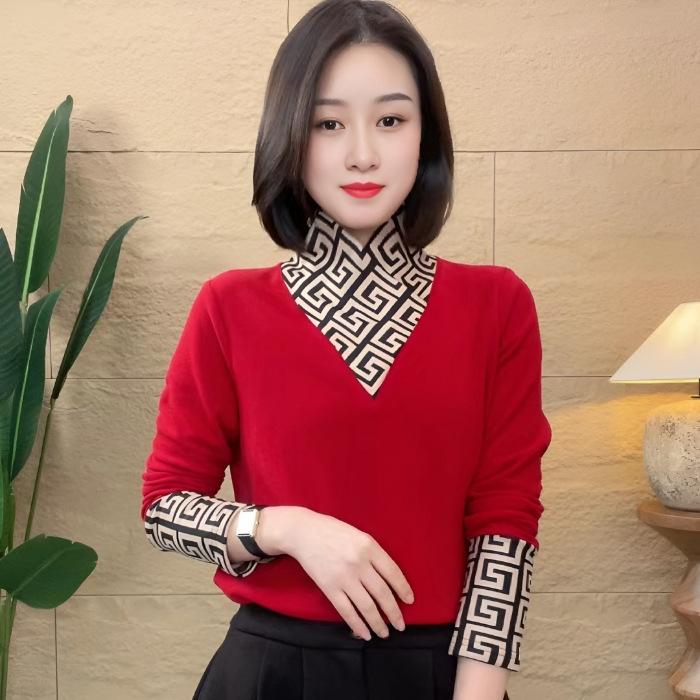 Double-sided German velvet semi-turtleneck bottoming shirt winter new inner warm versatile splicing design T-shirt women