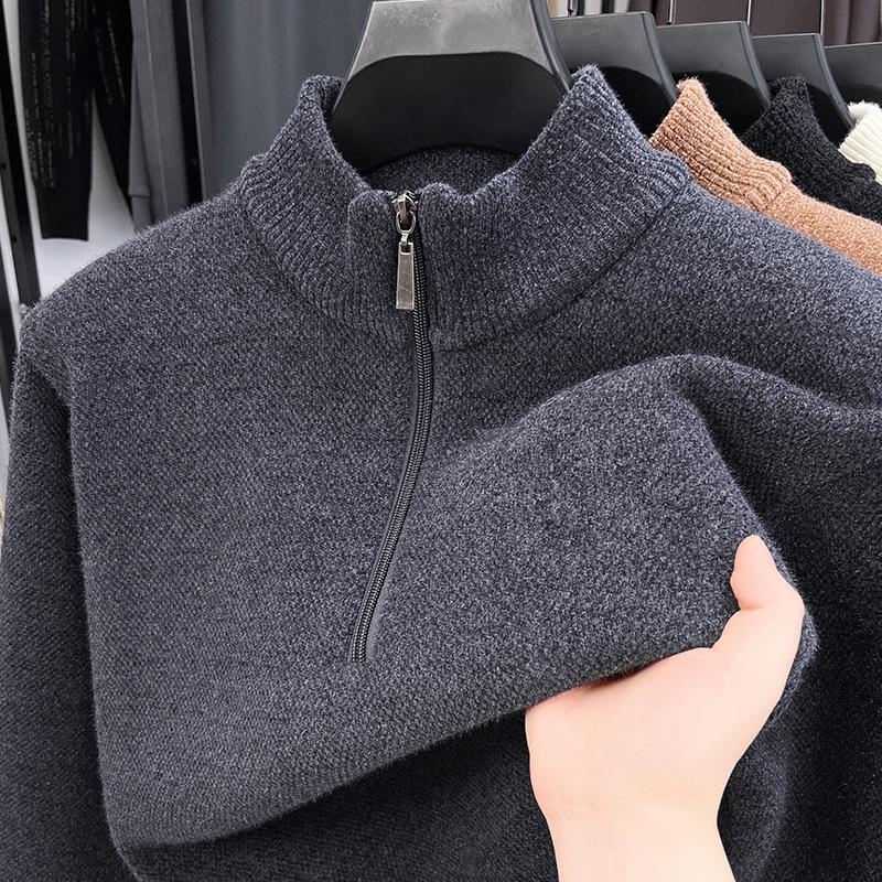 Men's Fleece-Lined Half-Zip Sweater - Winter Casual Solid Color Knit