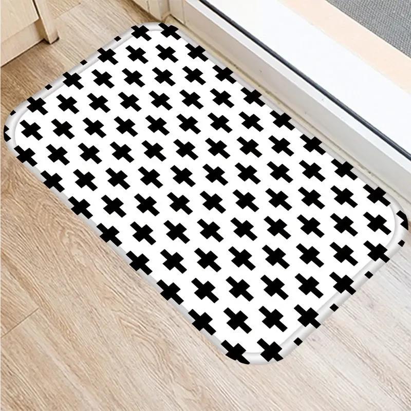Anti-slip Bathroom Door Mat Oil-proof Kitchen Rug Bedroom Living Room Black and White Geometric Print