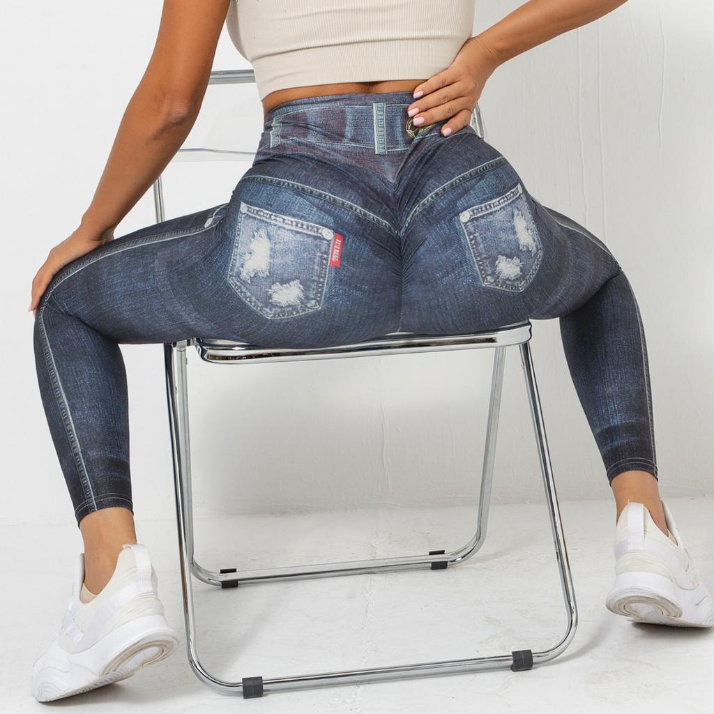 Digital bedruckte Denim-Hose in Blau, enge Höhe, schnelltrocknende Yoga-Hose, Sport-Laufhose, Fitness-Hose für Damen