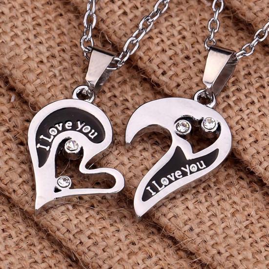 1 Pair Couple Necklace I Love You Rhinestone Inlaid Unisex Heart Shape Pendant Lover Necklace for Anniversary