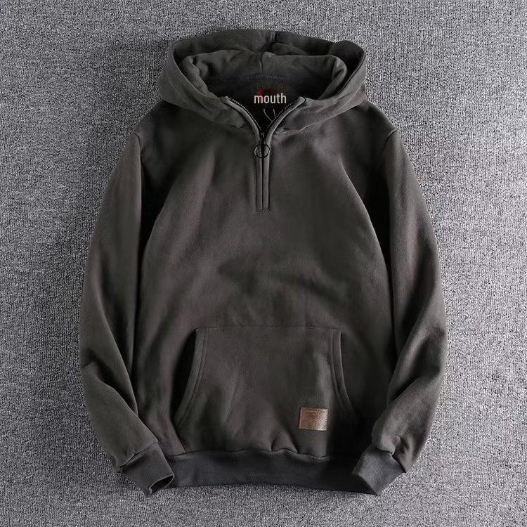 

Мужская толстовка из плотного хлопка в стиле ретро с капюшоном, полумолнией, воротником-стойкой и карманом L темно-серого