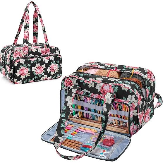 Teamoy Вязальная сумка-тоут, Большая сумка-органайзер для хранения пряжи, Дорожная сумка для вязания крючком, Сумка-тоут для хранения пряжи, Чехол-держатель для спиц для вязания, Крючков для вязания крючком, Black Peony