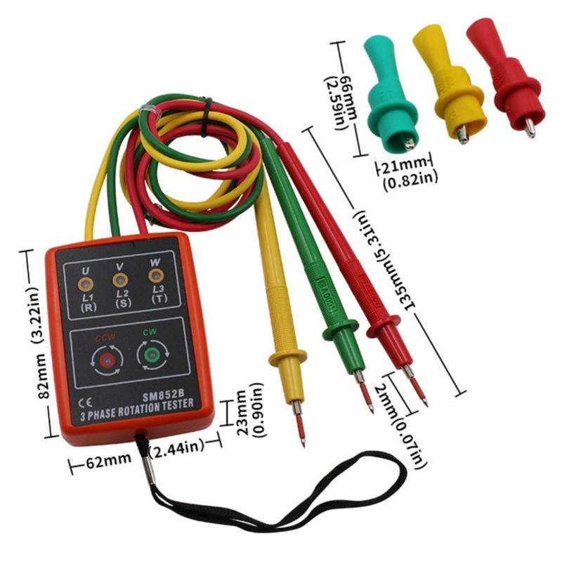 SM852B Portable Phase Sequence Tester, 3-Phase AC Rotation Meter, Voltage/Current Detector, Phase Rotation Indicator for Electri