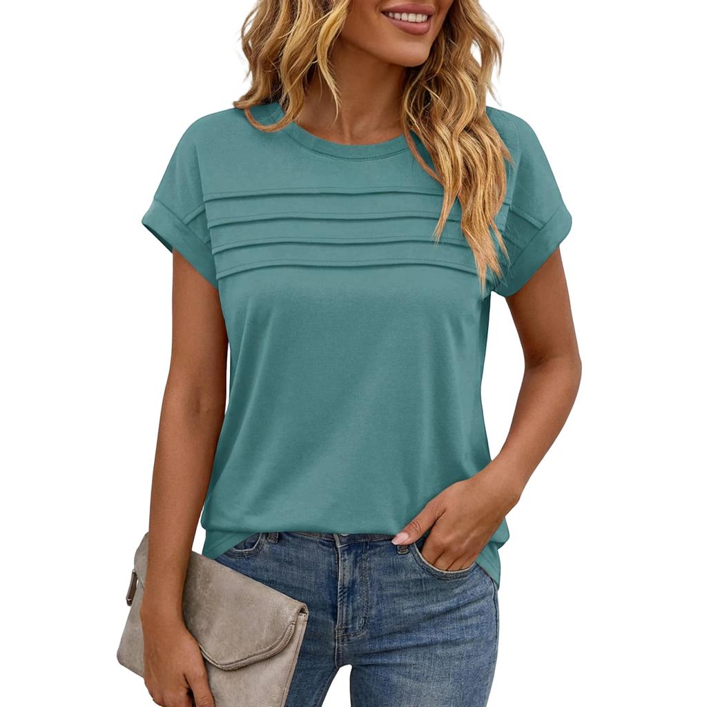 Women's Casual Top Monochrome Pleated Top Round Neck Short Sleeved Shirt