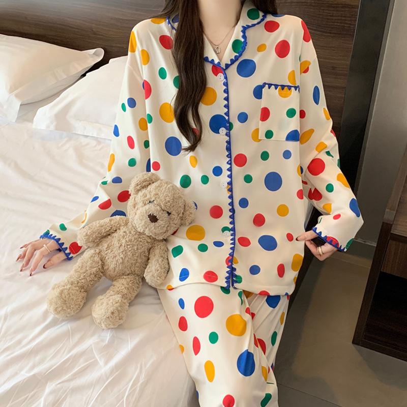 Halbmond-Stickrand Langarm-Pyjama Damen Frühling Neu Imitation Baumwolle Dopamin Polka Dot Loungewear Set