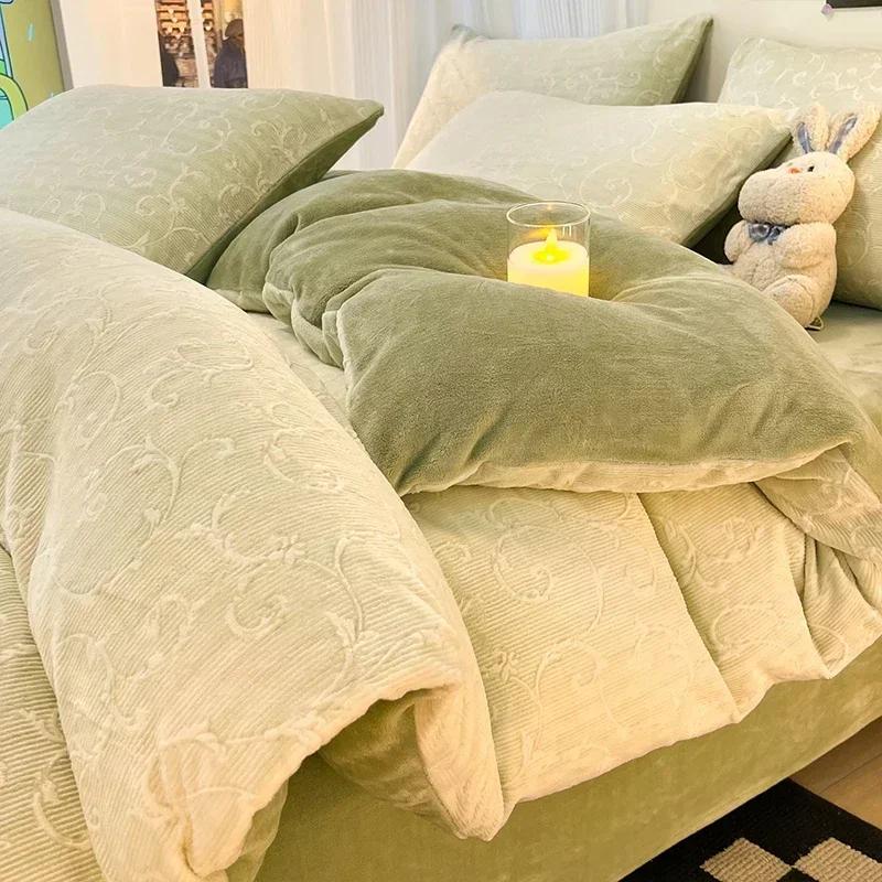 Winter Dickes Bedrucktes Milchsamt Vier-Teile-Set Bequem und Warm Kurzplüsch-Bettbezug 3-teiliges Set Kinderbettlaken