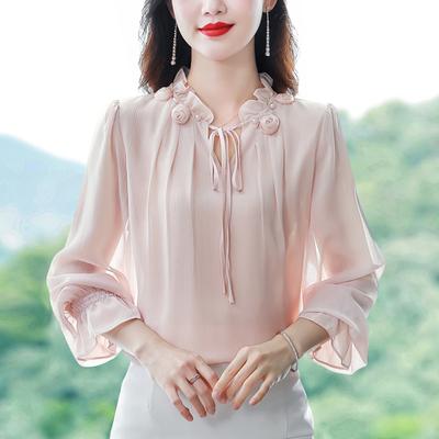 Lente Herfst Nieuwe Elegante Chiffon Shirt Bloemblaadje Kraag Bandage Top Vrouwen Mode Alle Match Blouses Lange Mouw Kantoor Y2k Kleding