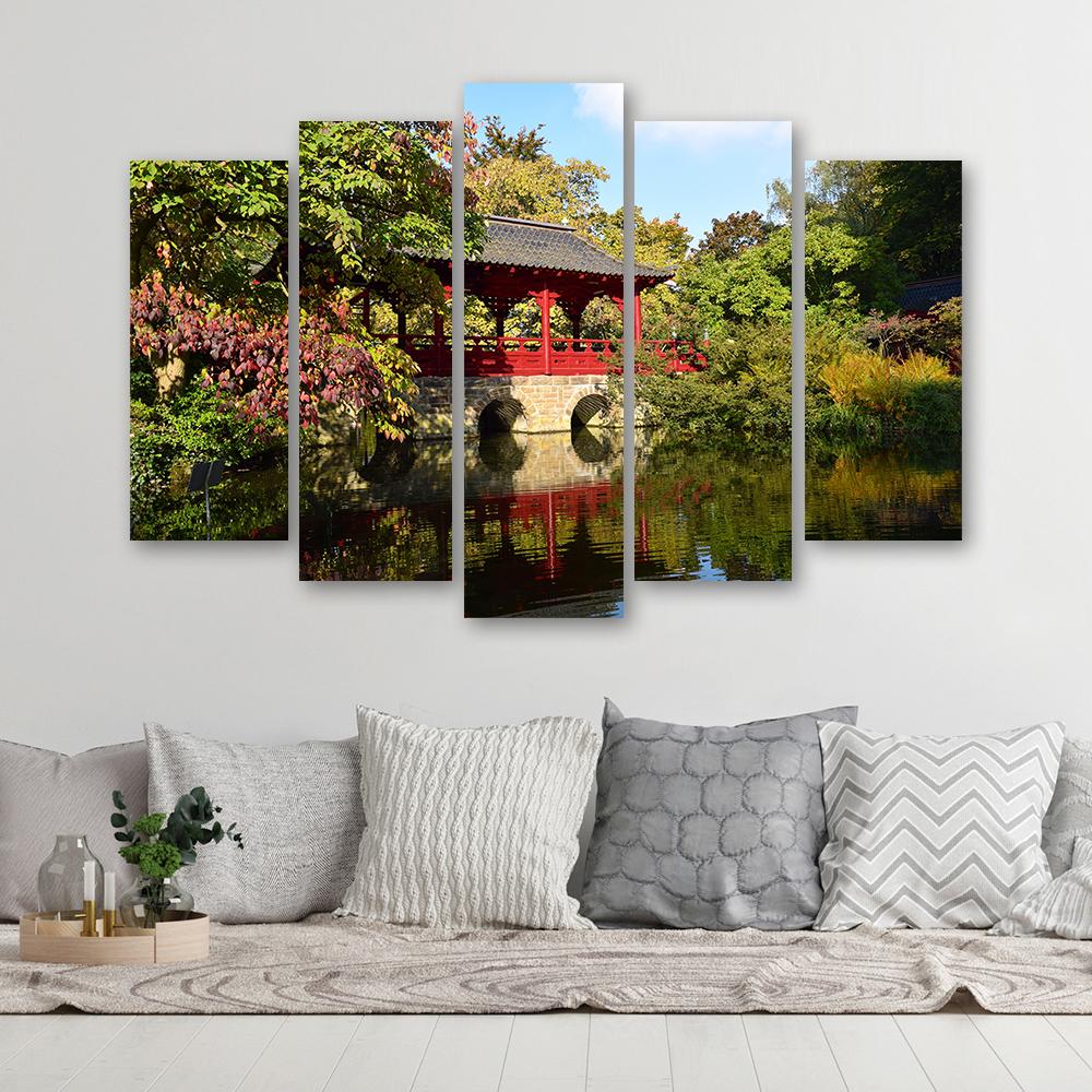 Fünfteiliger Leinwanddruck „Garten Japan Landschaft“.