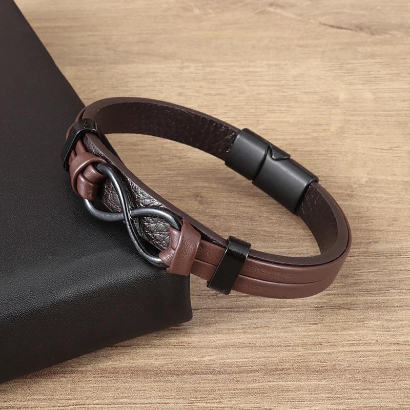 Double Layer Punk Brown Braided Leather Bracelet for Men with Metal Magnetic Clasp Stylish Business Bracelet Jewelry Gift