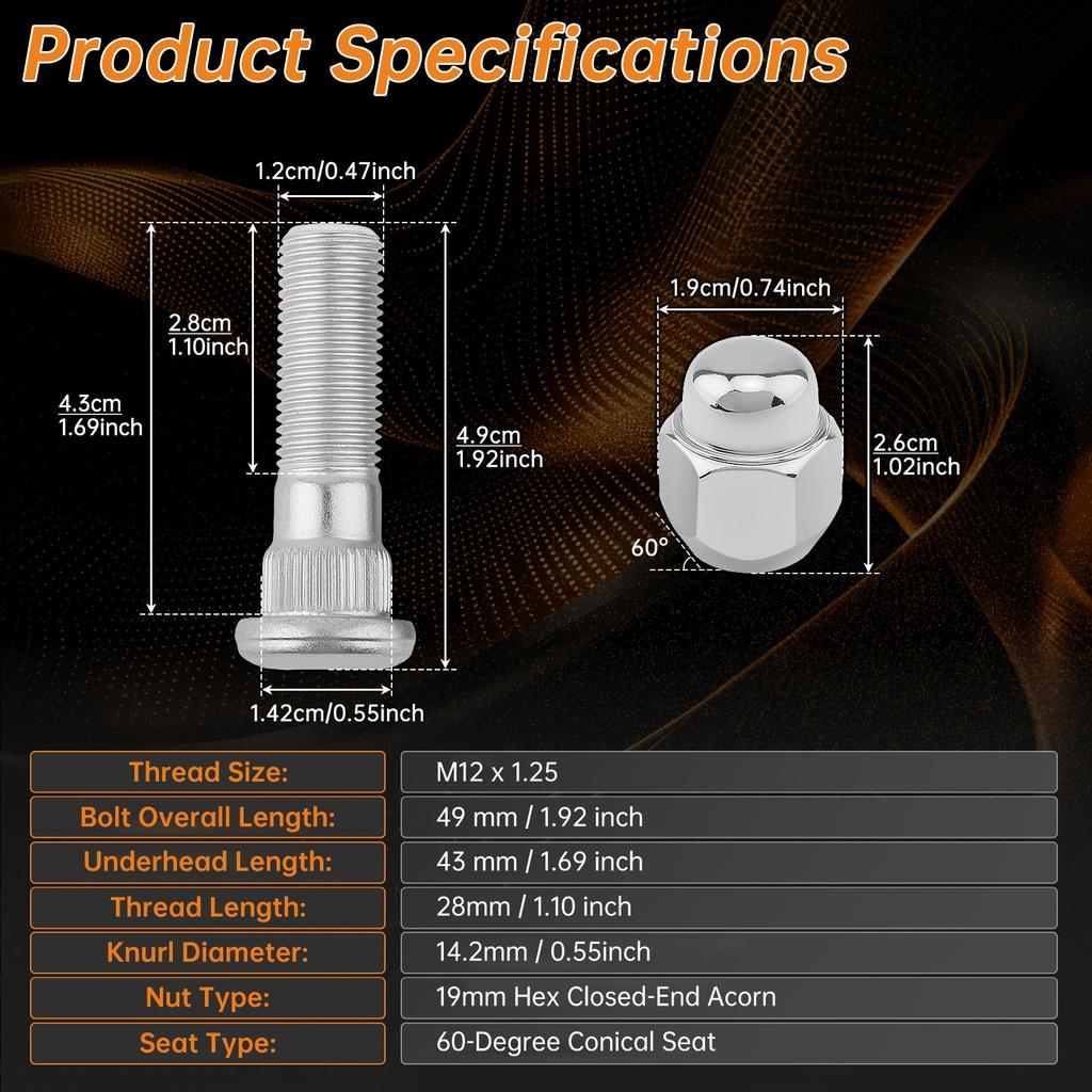 M12 x 1.25 10.9 Wheel Lug Stud and Nuts Fit for Subaru 60 Degree Tapered Seat Wheel Hub Bolt Nut Set 28365FE001 28171AJ000