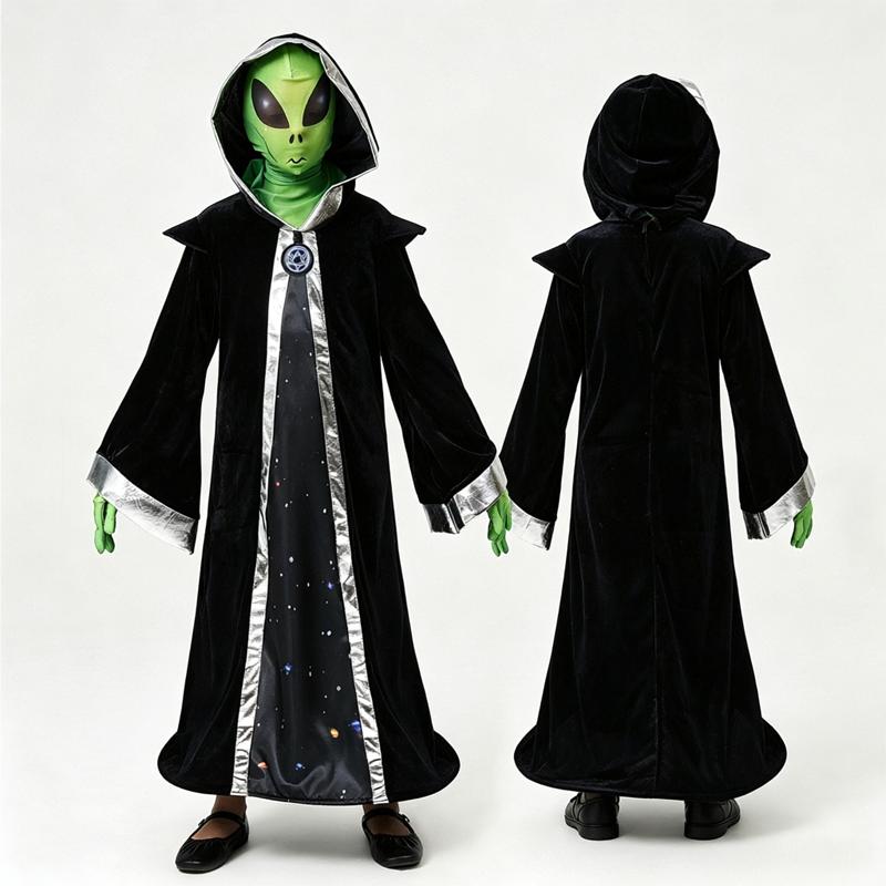 Erwachsene Kind Alien Zauberer Cosplay Kostüm Sternenhimmel Kapuzenumhang Grüne Handschuhe Netzmaske Perfekt für Halloween-Partys Weltraumabenteuer