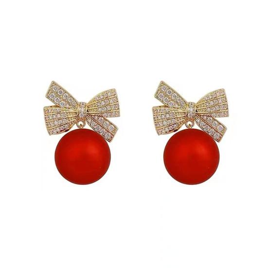 1 Pair Women Earrings Rhinestone Bow Red Faux Pearl Stud Earrings New Year Ear Studs Prom Dating Party Earrings New Year Gift