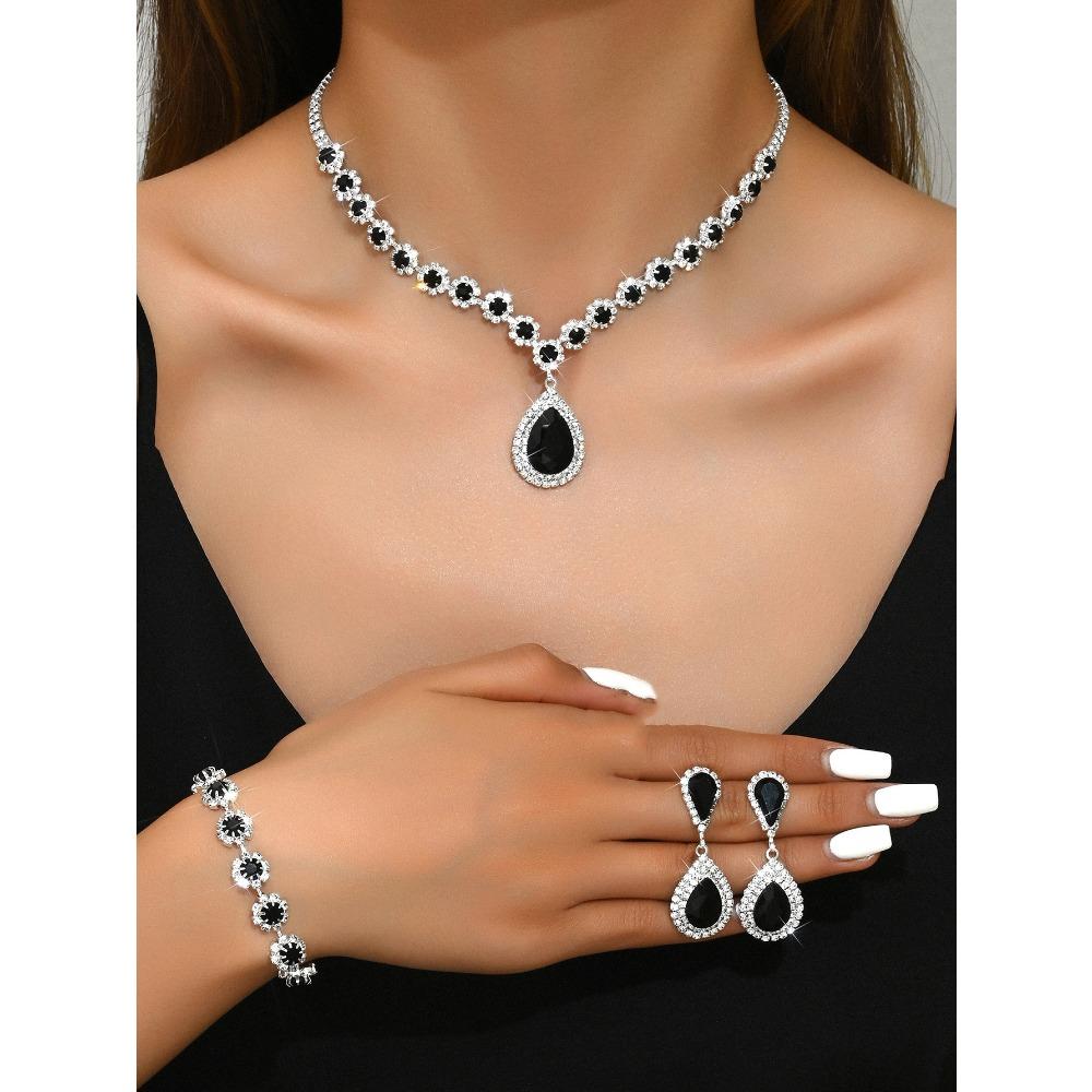 Wedding Jewelry Set, Necklace, Stud Earrings, Bracelet, Three-piece Set, Full of Diamonds and Flowers, Multi-color Set.