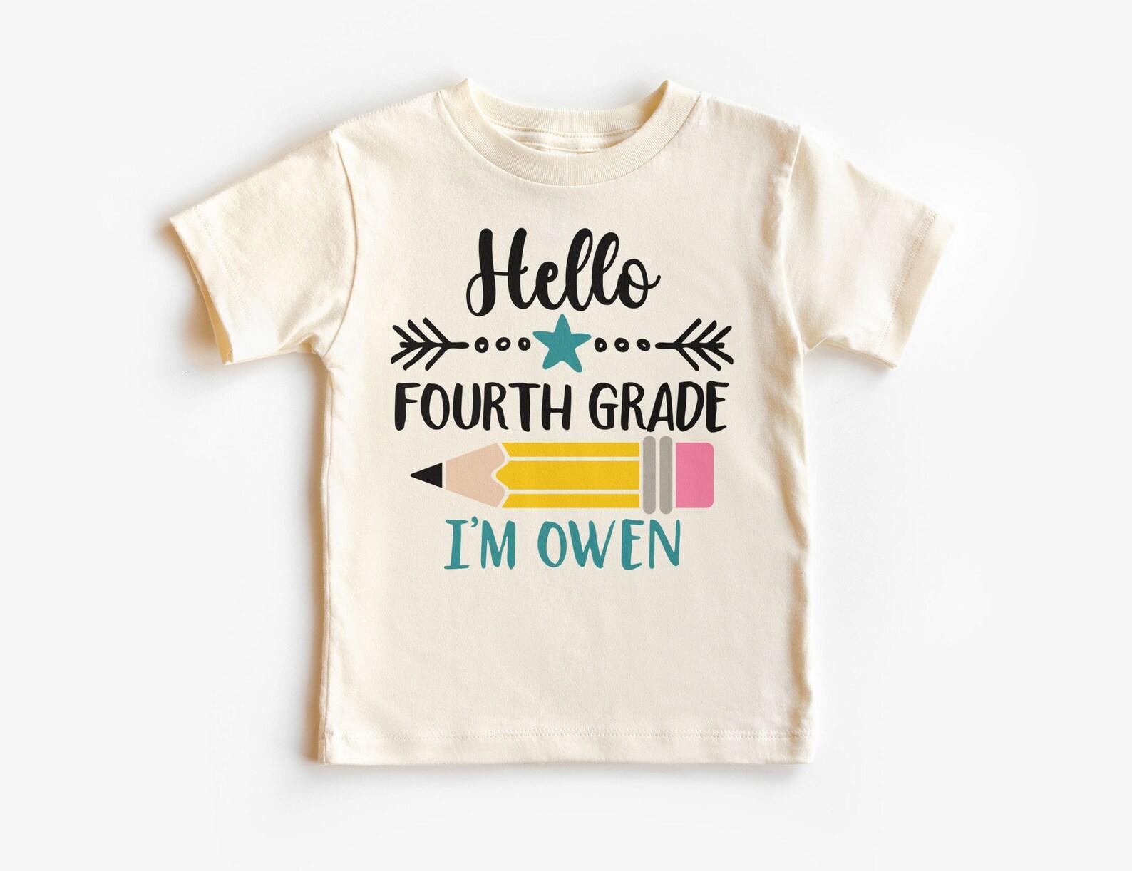 Personalized Hello Fourth Grade Boys Shirt, Custom Childs Name Pencil Star Tee, Back To School 4th Grade Outfit, Unisex Youth Kids Clothing 160