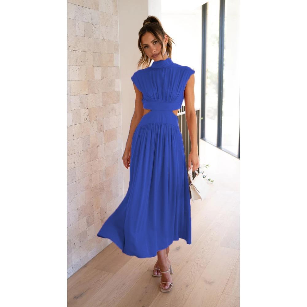 Women's High Neck Sleeveless Midi Dress Loose Cutout Waist Pleated Elegant Casual Solid Color Party Dress
