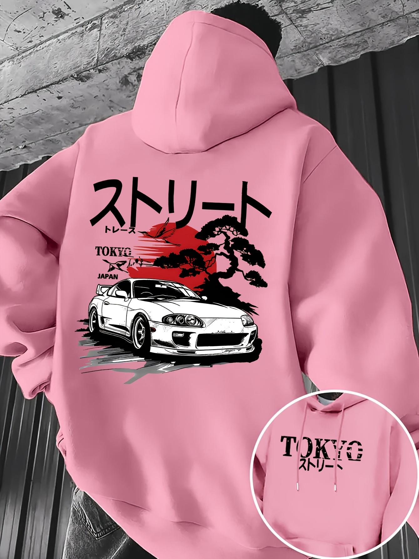 Japanischer JDM Racing Style Hoodie für Herren, Tokyo Street Sports Auto Sonnenaufgang Kiefer Baum Rückendruck, Lockerer Hip Hop Sport Freizeit Pullover Sweatshirt M blau