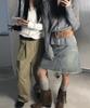 CHICKS Vintage Washed Cut-Off Midi Denim Skirt Deep Blue