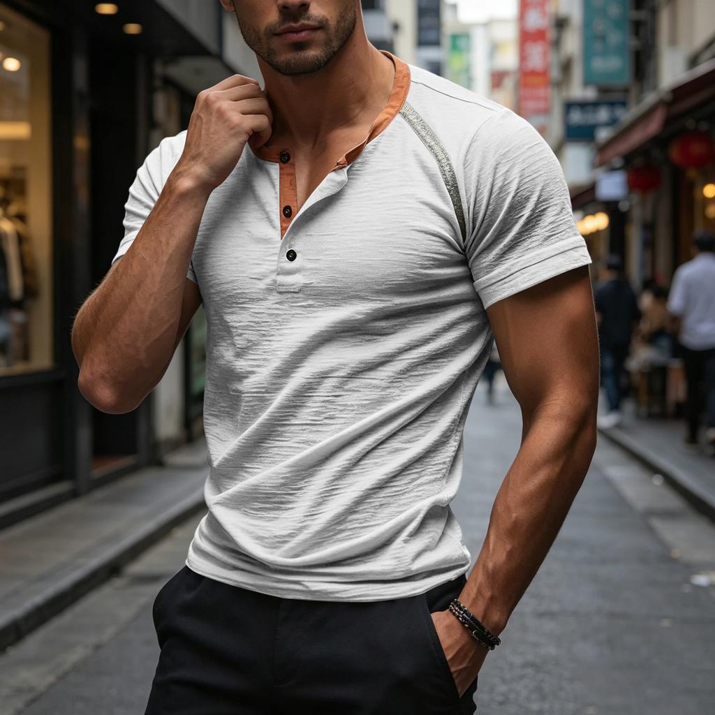 Men Casual Three Button Short Sleeve Henley Shirt Trim Raglan Crewneck Lightweight Summer Top