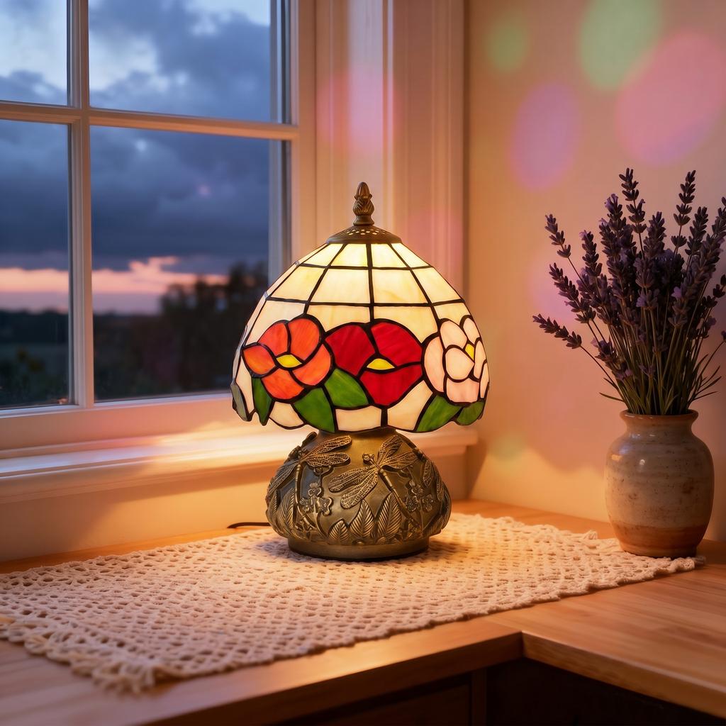 Handcrafted Classic Stained Glass Bedside Lamp Tiffany Style Table Lamp With Sculpted Dragonfly Base Multi Coloured
