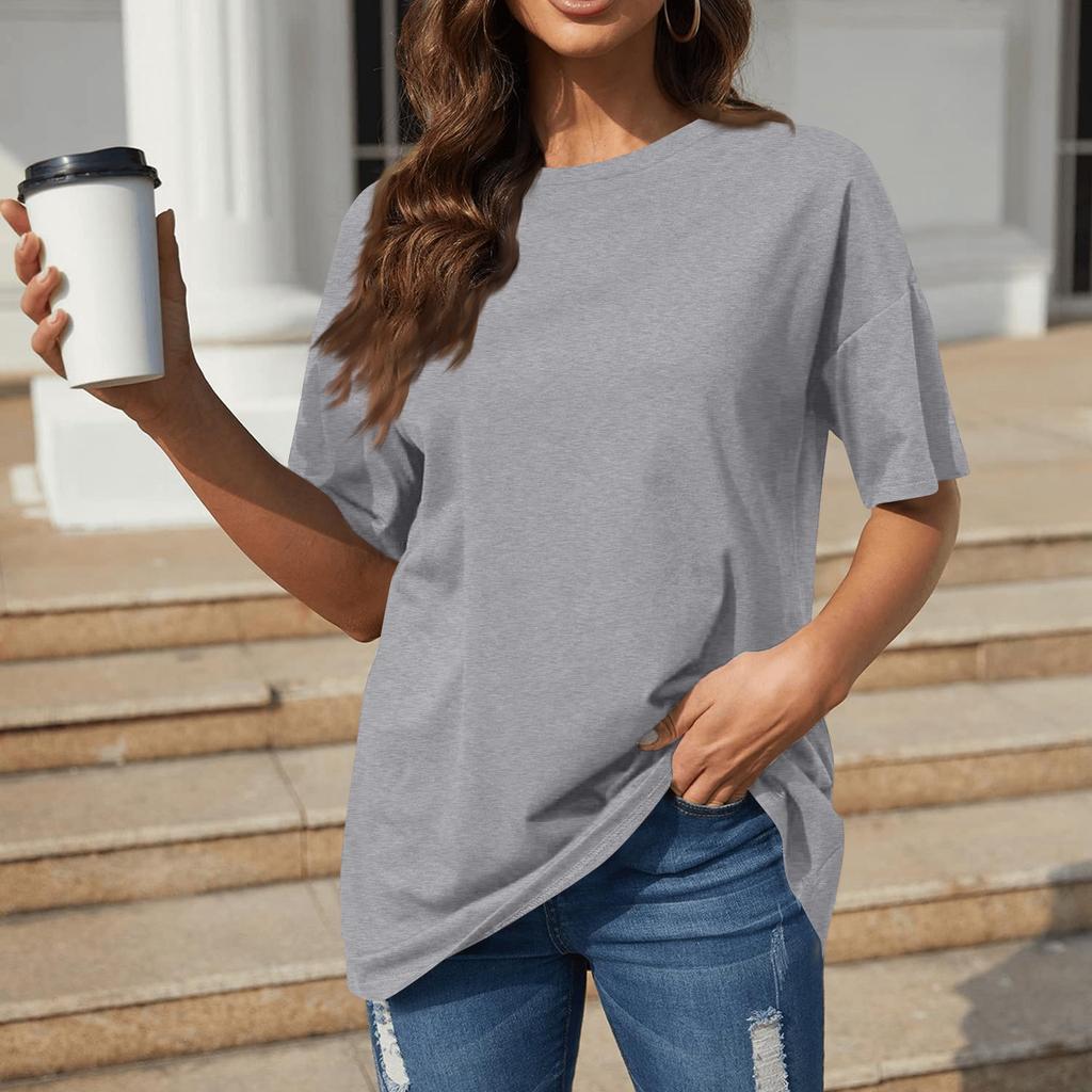 A Solid-color Loose Short-sleeved, Round-neck Plate-sized Top For Women In Spring And Summer
