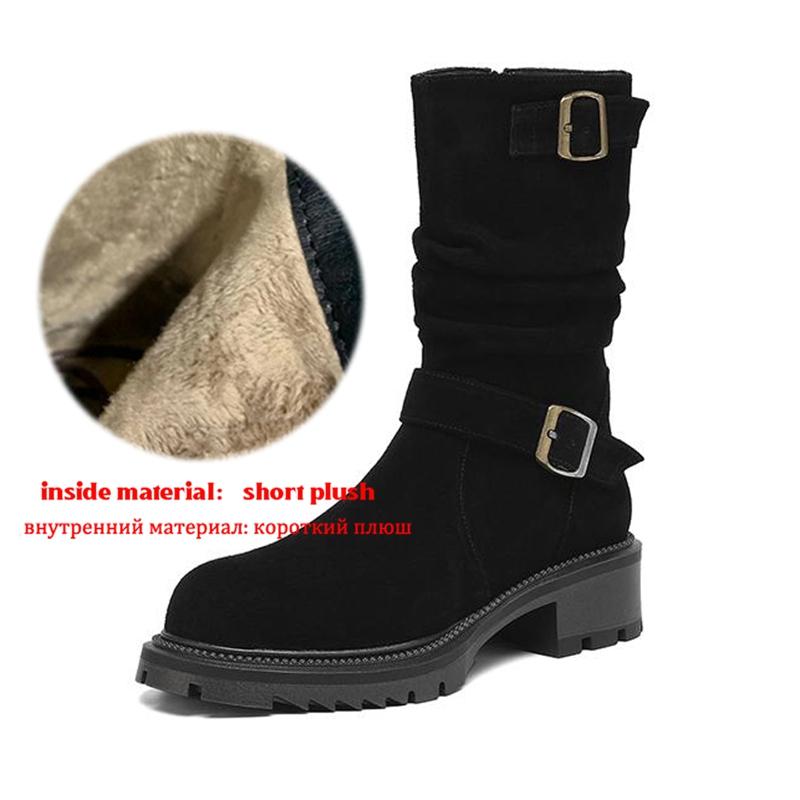 Krazing Pot Fashion Cow Suede Nubuck Winter Round Toe Modern Boots Med Heels Slip on Pleated Style Metal Buckle Mid-calf Boots
