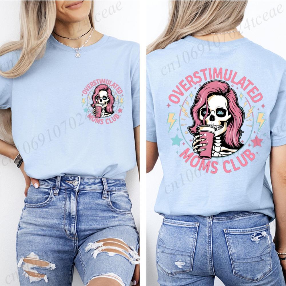 Women Overstimulated Moms Club Funny Skeleton Graphic T Shirt Vintage Y2K Streetwear Short Sleeve Casual Mom Life Tee Tops Gift