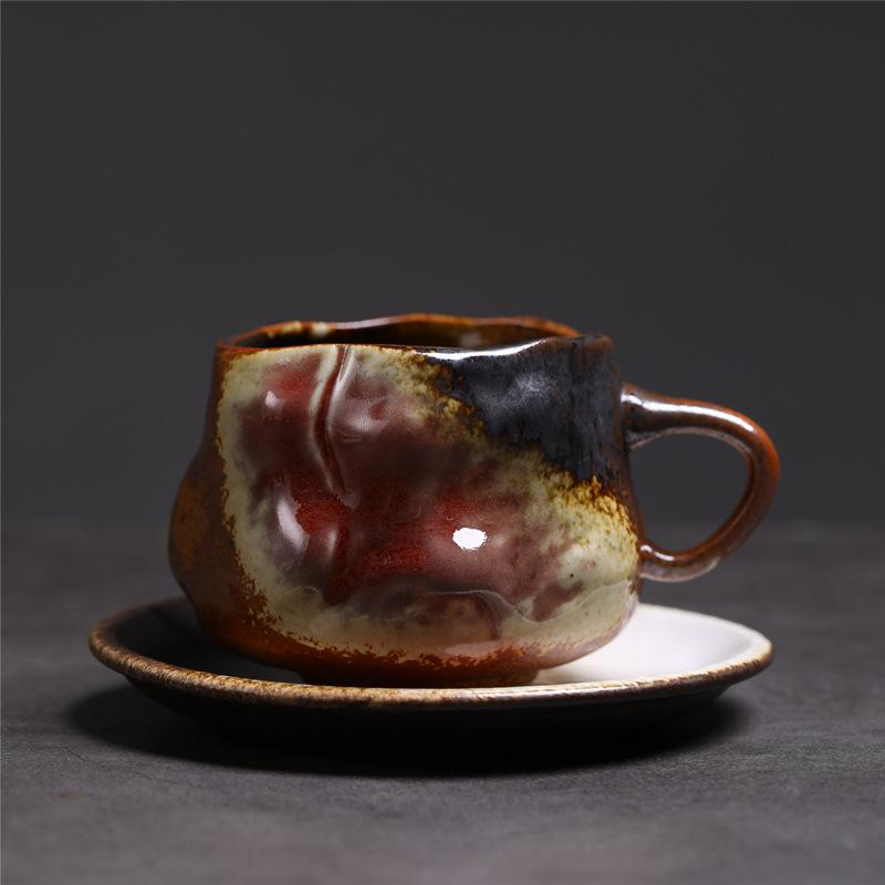 Retro Ceramic Coffee Cup And Saucer Set Creative Souvenir Cup Afternoon Tea Mug Coarse Pottery Coffee Cup