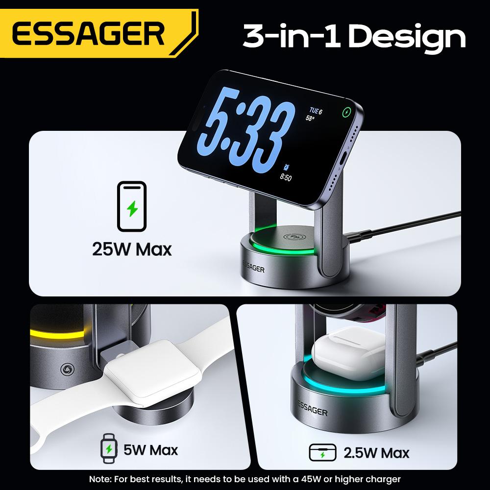 Essager 3 In 1 Magnetic Wireless Charger Qi2.2 25W Fast Charging Stand For iPhone 17 16 Pro Max  Apple