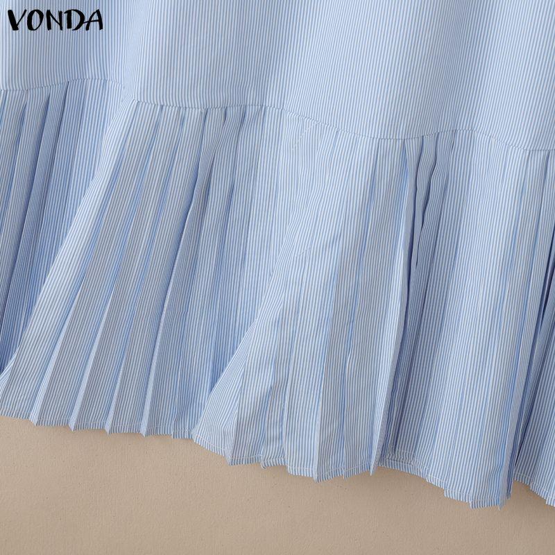 VONDA Elegant Women Lapel Neck Long Sleeve Striped Ruffled Casual Shirts Dress