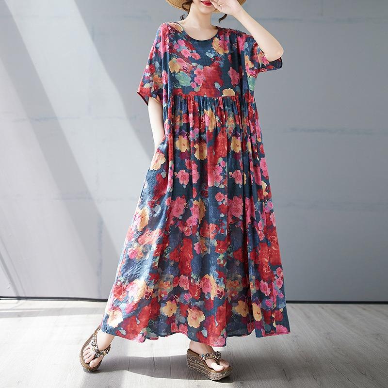 Summer New Simple Bohemian Long Dress Fattened and Enlarged Short-sleeved Crew Neck Printed Dress Women's Clothing