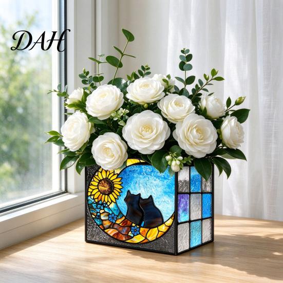 Desktop Pen Holder Stained Glass Style Holder, Unique Acrylic Organizer, 3D Plant Pot Embossed Relief Pattern Planter for Succulents And Office